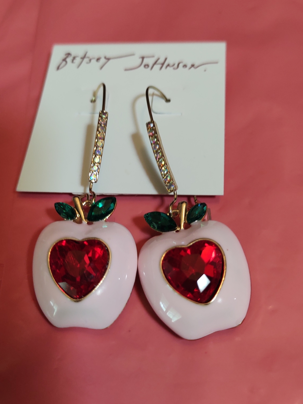 Betsey Johnson Pink Apple Earrings with Red Heart Crystals and Green Leaves